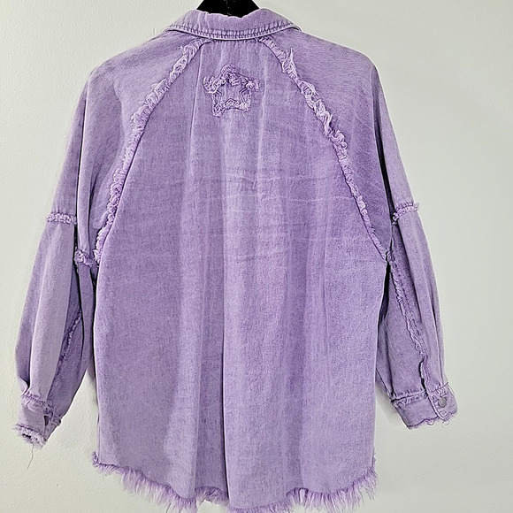 POL Oversized Fringe Denim Jacket Purple Balloon Sleeve Distressed Shacket M Fit - Picture 4 of 7